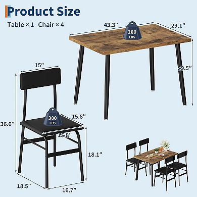 5-Piece Compact Dining Set, Rectangular Table & Soft Padded Chairs, Space Saving Furniture for Home