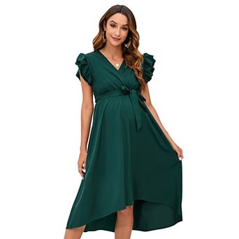 Maternity V-Neck Ruffle Sleeve High-Low Dress, Tie Waist Casual Dress