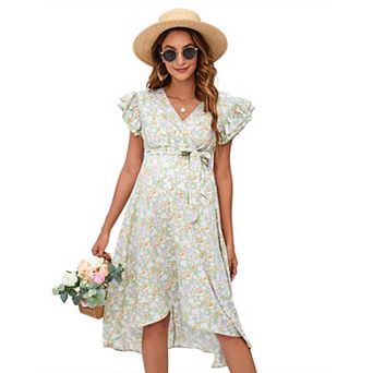 Maternity V-Neck Ruffle Sleeve High-Low Dress, Tie Waist Casual Dress