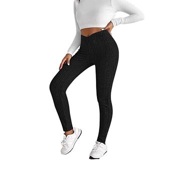 Women's Solid Color Elastic Waist Leggings Ribbed Knit Casual Long Pants