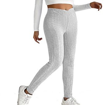 Women's Solid Color Elastic Waist Leggings Ribbed Knit Casual Long Pants