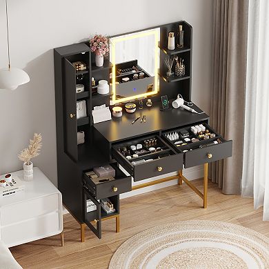 Lighted Makeup Vanity Desk with Charging Station, 3-Color Adjustable Mirror Dressing Table