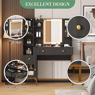Lighted Makeup Vanity Desk with Charging Station, 3-Color Adjustable Mirror Dressing Table