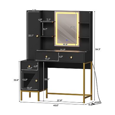 Lighted Makeup Vanity Desk with Charging Station, 3-Color Adjustable Mirror Dressing Table
