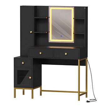 Lighted Makeup Vanity Desk with Charging Station, 3-Color Adjustable Mirror Dressing Table