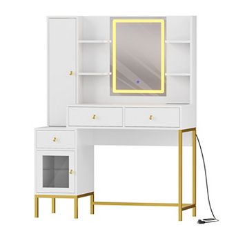 Lighted Makeup Vanity Desk with Charging Station, 3-Color Adjustable Mirror Dressing Table