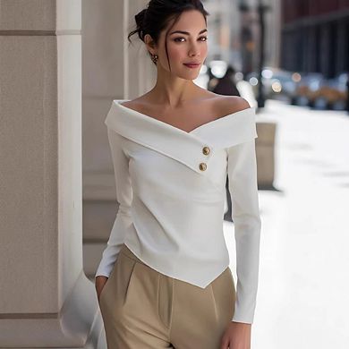 Women's Metal Foldover Long Sleeve Slim Fitted Off The Shoulder Elegant Formal T Shirts