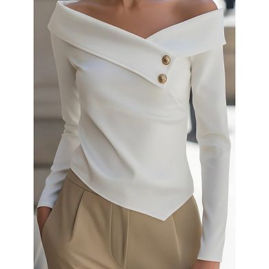 Women's Metal Foldover Long Sleeve Slim Fitted Off The Shoulder Elegant Formal T Shirts