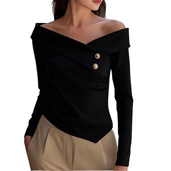 Women's Metal Foldover Long Sleeve Slim Fitted Off The Shoulder Elegant Formal T Shirts