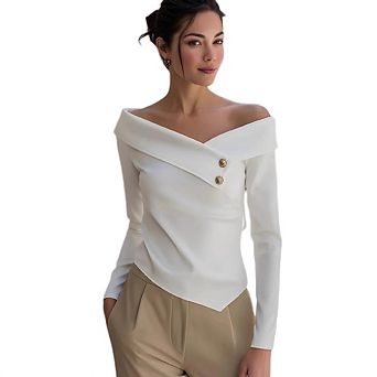 Women's Metal Foldover Long Sleeve Slim Fitted Off The Shoulder Elegant Formal T Shirts