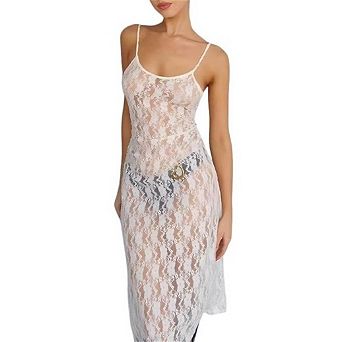 Womens Lace Mesh See Through Bodycon Floral Gown Long Sheer Slip Party Club Dresses