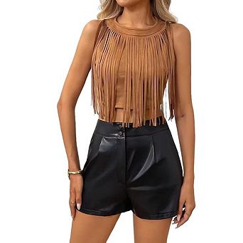 Womens Fringe Trim Crop Top 70s Hippie Sleeveless Tank Top Vest Streetwear