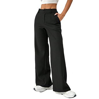 Women's Solid Color High Waisted Stretchy Straight Wide Leg Pants