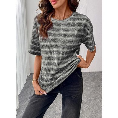 Women Block Color Half Sleeve Casual Tops Waffle Knit Tops