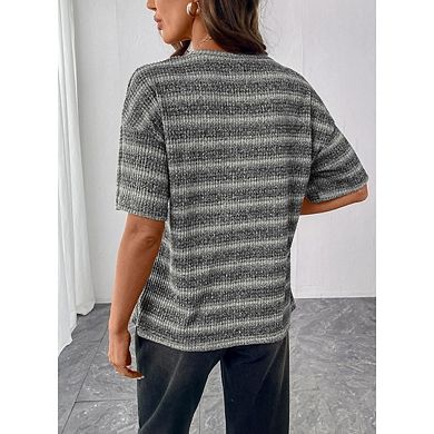 Women Block Color Half Sleeve Casual Tops Waffle Knit Tops