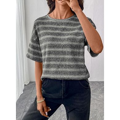 Women Block Color Half Sleeve Casual Tops Waffle Knit Tops
