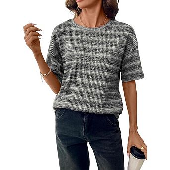 Women Block Color Half Sleeve Casual Tops Waffle Knit Tops