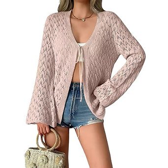Women's Open Front Cardigan with Bell Sleeves Lace-Up & Crochet Detail Sheer Knit Cover Up Sweater