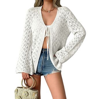 Women's Open Front Cardigan with Bell Sleeves Lace-Up & Crochet Detail Sheer Knit Cover Up Sweater