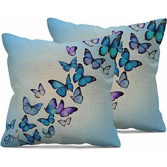 Blue Butterfly Linen Throw Pillow Covers Soft Durable Decorative Set