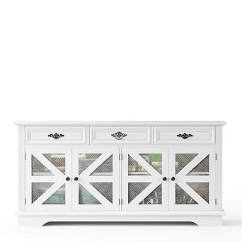Buffet Cabinet with 3 Drawers & 4 Mesh Barn Doors, Coffee Bar Cabinet with 4 Adjustable Shelves