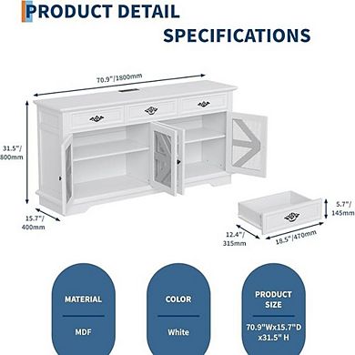Buffet Cabinet with 3 Drawers & 4 Mesh Barn Doors, Coffee Bar Cabinet with 4 Adjustable Shelves