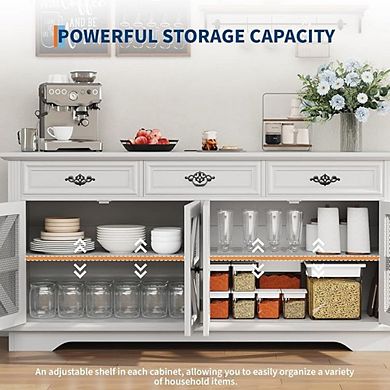 Buffet Cabinet with 3 Drawers & 4 Mesh Barn Doors, Coffee Bar Cabinet with 4 Adjustable Shelves