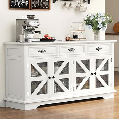 Buffet Cabinet with 3 Drawers & 4 Mesh Barn Doors, Coffee Bar Cabinet with 4 Adjustable Shelves