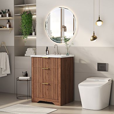 Fluted Bathroom Vanity with Sink, Freestanding Farmhouse Sink Cabinet, for Bathroom