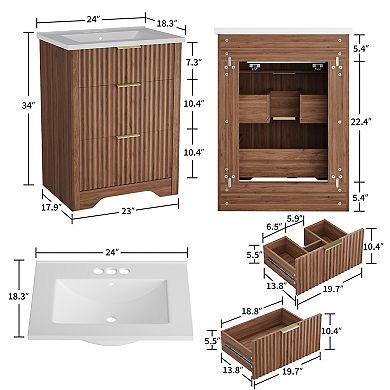 Fluted Bathroom Vanity with Sink, Freestanding Farmhouse Sink Cabinet, for Bathroom