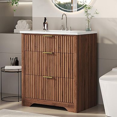 Fluted Bathroom Vanity with Sink, Freestanding Farmhouse Sink Cabinet, for Bathroom