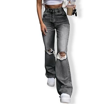 Women High Waist Distressed Flared Jeans Ripped Bell Bottom Denim Pants, Retro Stretchy Long Jeans