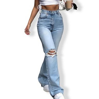 Women High Waist Distressed Flared Jeans Ripped Bell Bottom Denim Pants, Retro Stretchy Long Jeans