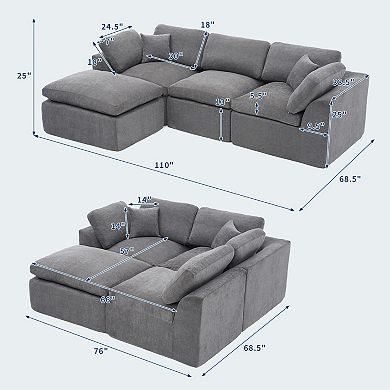 Modular 110" Sectional Sofa, Deep Seat Compression Couch, No Assembly Needed for Living Room
