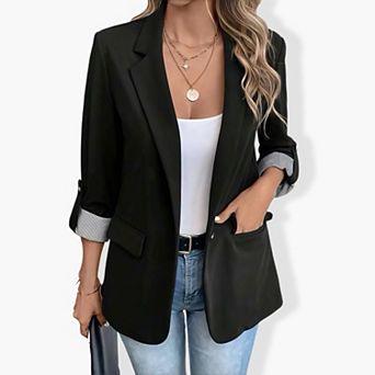 Women's 3/4 Roll Tab Sleeve Blazer - Casual Button Front Tailored Jacket