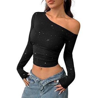 Women's Sparkly One Shoulder Knitted Crop Tops Sequin Long Sleeve Going Out Tee Shirt