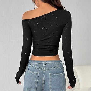 Women's Sparkly One Shoulder Knitted Crop Tops Sequin Long Sleeve Going Out Tee Shirt