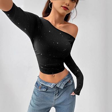 Women's Sparkly One Shoulder Knitted Crop Tops Sequin Long Sleeve Going Out Tee Shirt