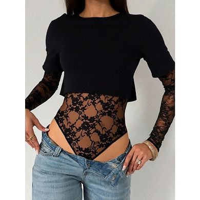 Women's Lace Bodysuit with Cropped Tee Layer Long Sleeve Sheer Floral Y2K Top