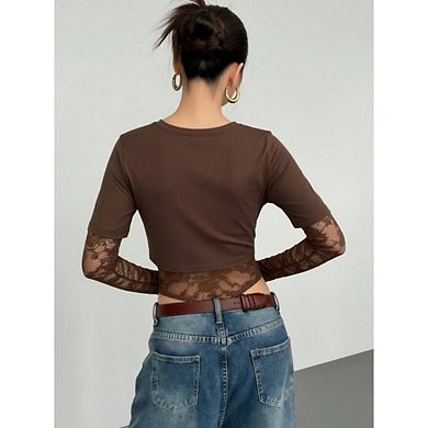 Women's Lace Bodysuit with Cropped Tee Layer Long Sleeve Sheer Floral Y2K Top