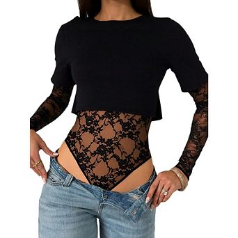 Women's Lace Bodysuit with Cropped Tee Layer Long Sleeve Sheer Floral Y2K Top