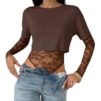 Women's Lace Bodysuit with Cropped Tee Layer Long Sleeve Sheer Floral Y2K Top