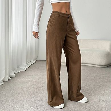 Womens Corduroy Elastic Waist Casual Wide Leg Pants with Pockets