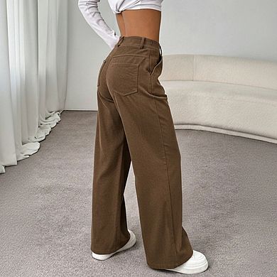 Womens Corduroy Elastic Waist Casual Wide Leg Pants with Pockets
