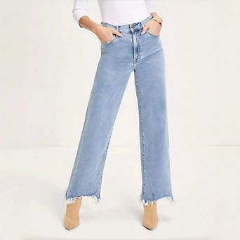 Women's Fringe Hem Flare Jeans - Asymmetrical Raw Edge Wide Leg Denim Pants