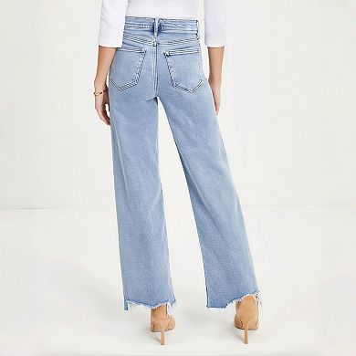Women's Fringe Hem Flare Jeans - Asymmetrical Raw Edge Wide Leg Denim Pants
