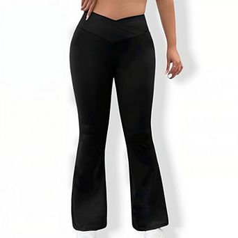 Women's Plus Size High Waist Flare Pants V-Waist Tummy Control Wide Leg Trousers with Flowy Drape