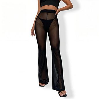 Women's Sheer Mesh Flare Pants - High Waist See-Through Casual Wide Leg Trousers