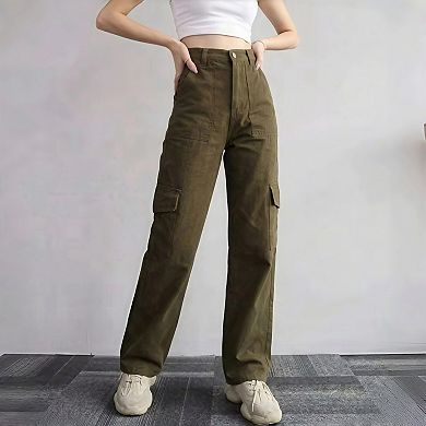Women's Mid-Rise Utility Cargo Pants - Adjustable Waist Tapered Leg with Patch Pockets