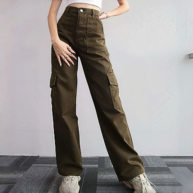 Women's Mid-Rise Utility Cargo Pants - Adjustable Waist Tapered Leg with Patch Pockets